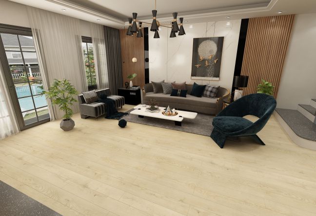 Impressive living room space with SPC wood grain flooring